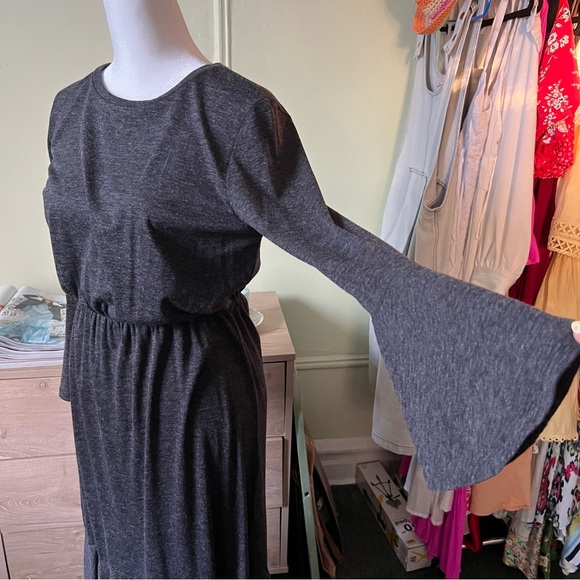 JOE FRESH Grey Long-Sleeve Jersey Stretch Modest Dress Ruffle Hem Bell Sleeve S - Picture 8 of 16
